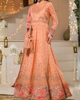 Women's Peach Embroidered Maxi Dress with Tissue Silk Dupatta