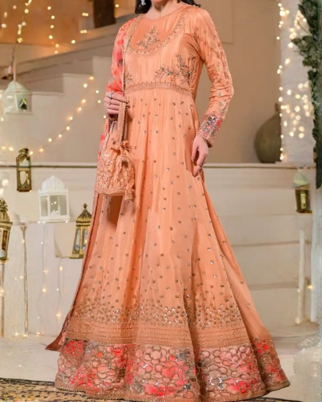 Women's Peach Embroidered Maxi Dress with Tissue Silk Dupatta
