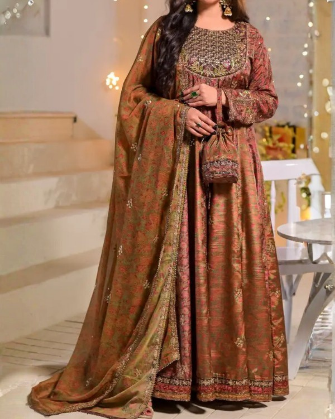Women's 3 Piece Printed Raw Silk Anarkali Suit – Brunette