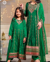 Kids 3 Piece Luxury Raw Silk Long Frock – Indian Green