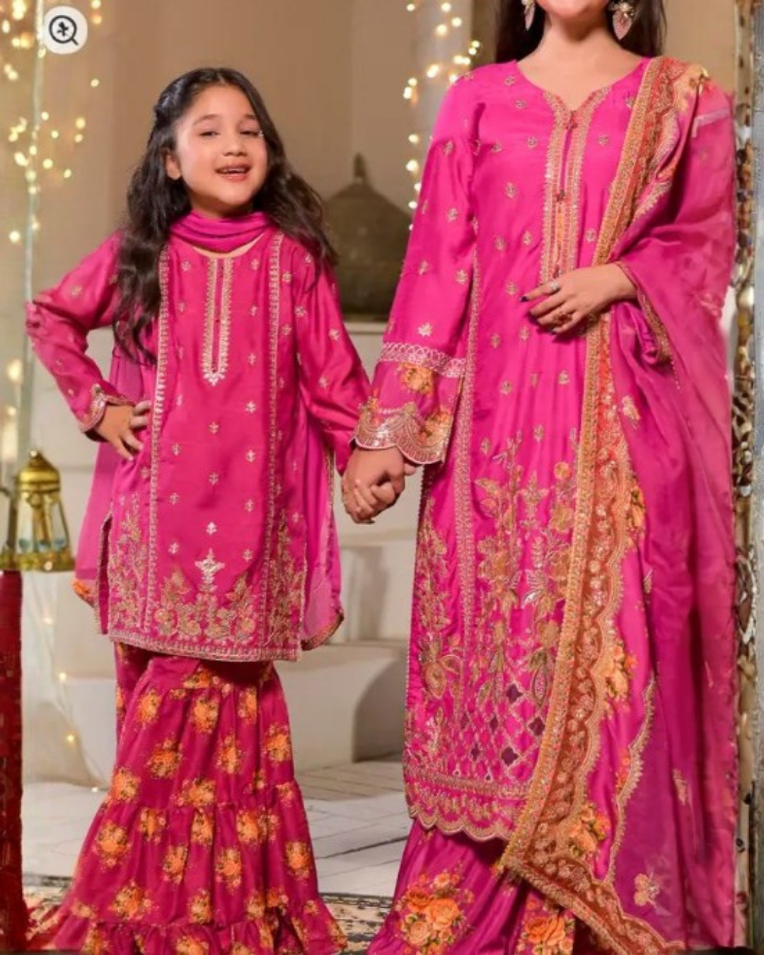 Kids 3 Piece Luxury Raw Silk Embroidered Gharara Set – Fuchsia Pink