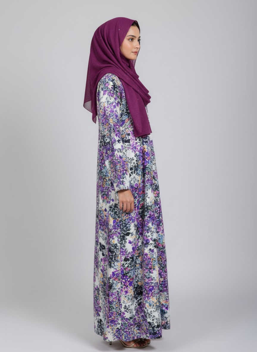 Printed georgette Straight Abaya with Scarf