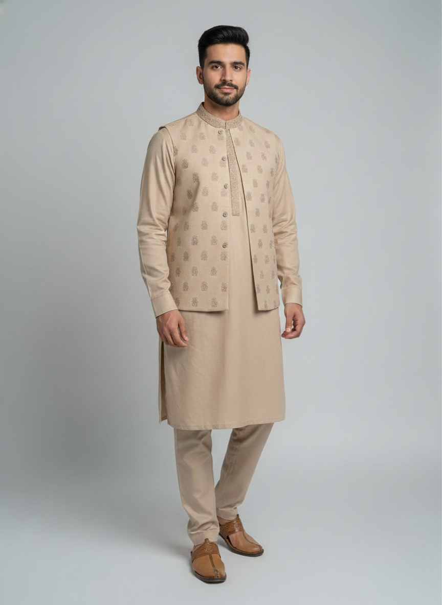 3 pc wash and wear Qameez Shalwar with waistcoat