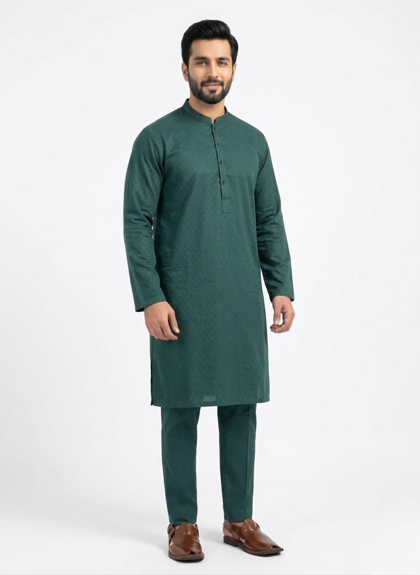 Wash and Wear Self Printed Kurta with Embroidery