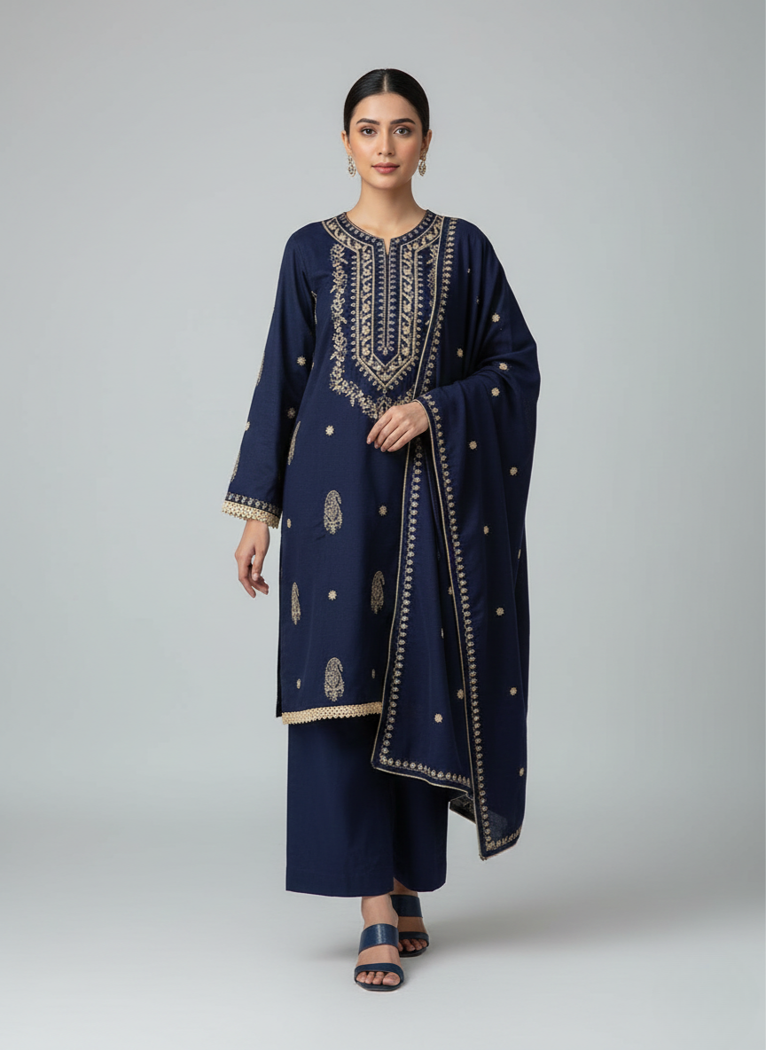 3 pcs Dhanak Dress with Embroidery