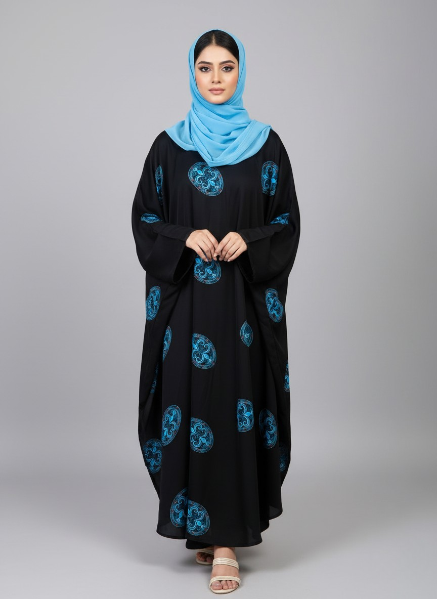 Printed Umbrella Abaya Nida Fabric with Scarf