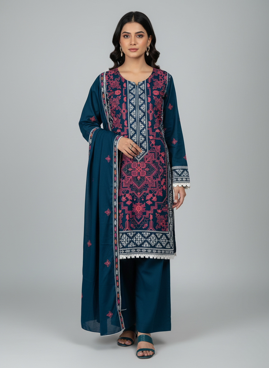 3 pcs Dhanak Dress with Embroidery