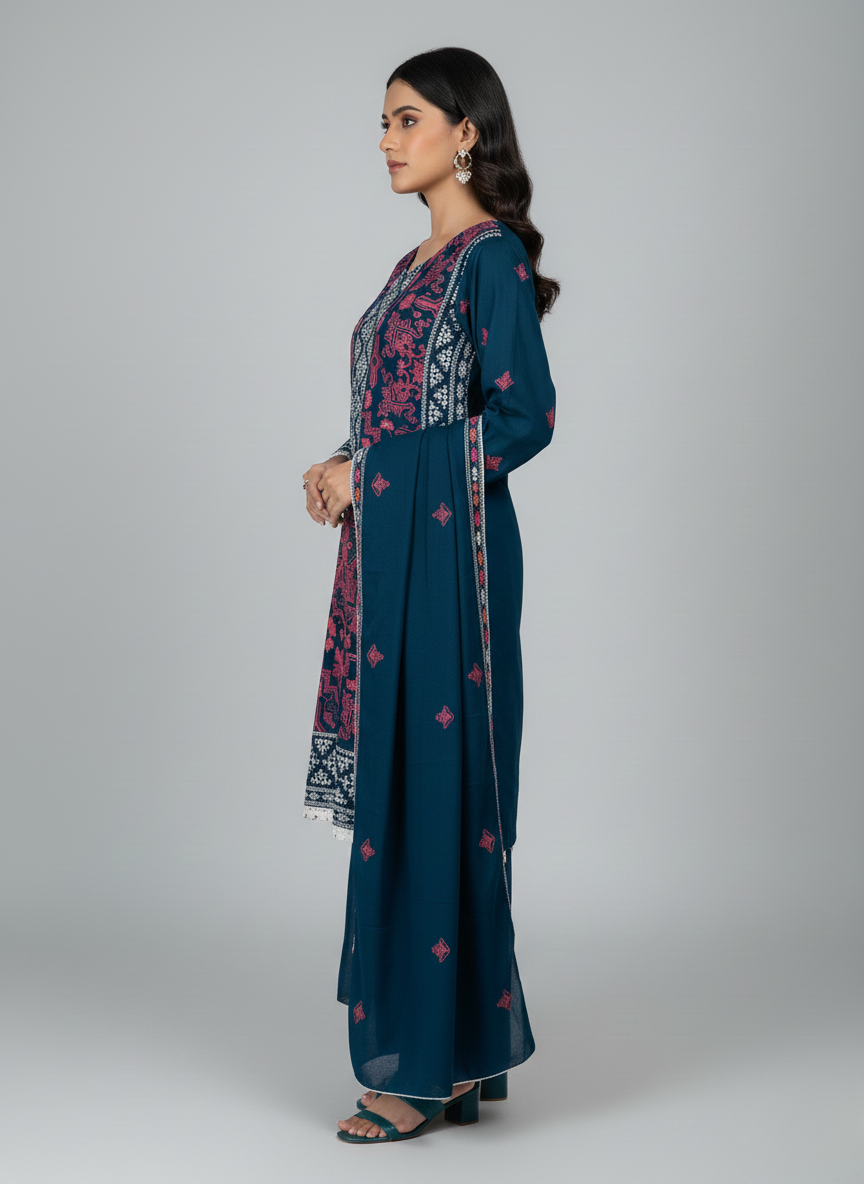 3 pcs Dhanak Dress with Embroidery