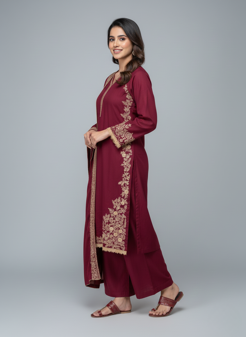 3 pcs Dhanak Dress with Embroidery
