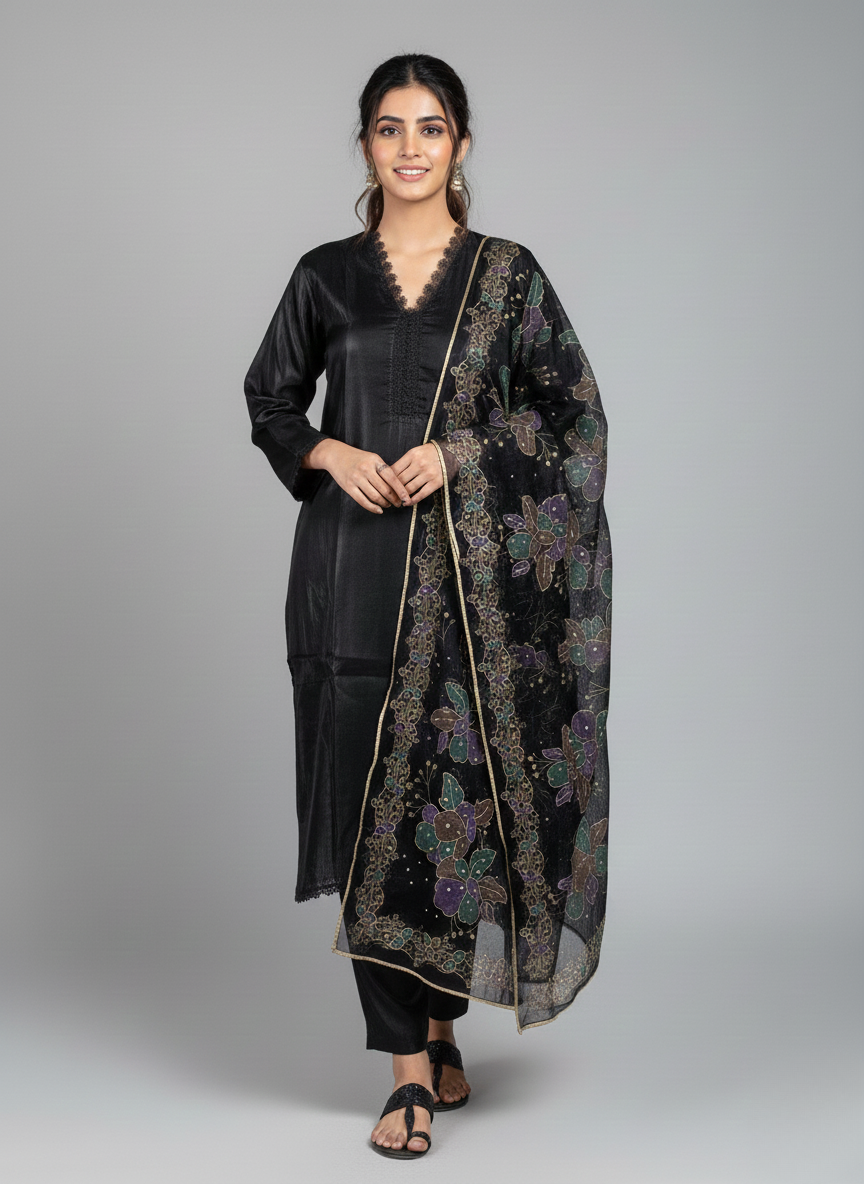 3 pc katan silk plain dress with hand-painted dupatta