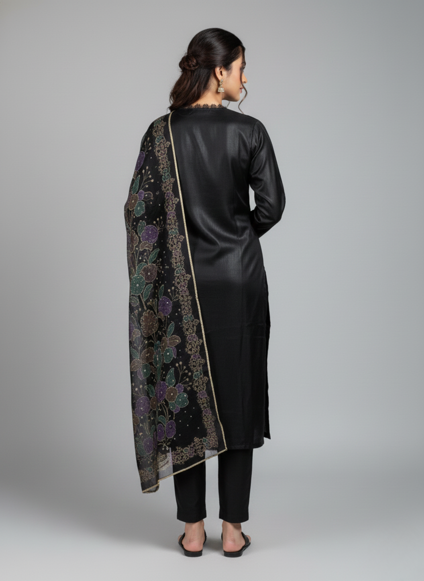 3 pc katan silk plain dress with hand-painted dupatta
