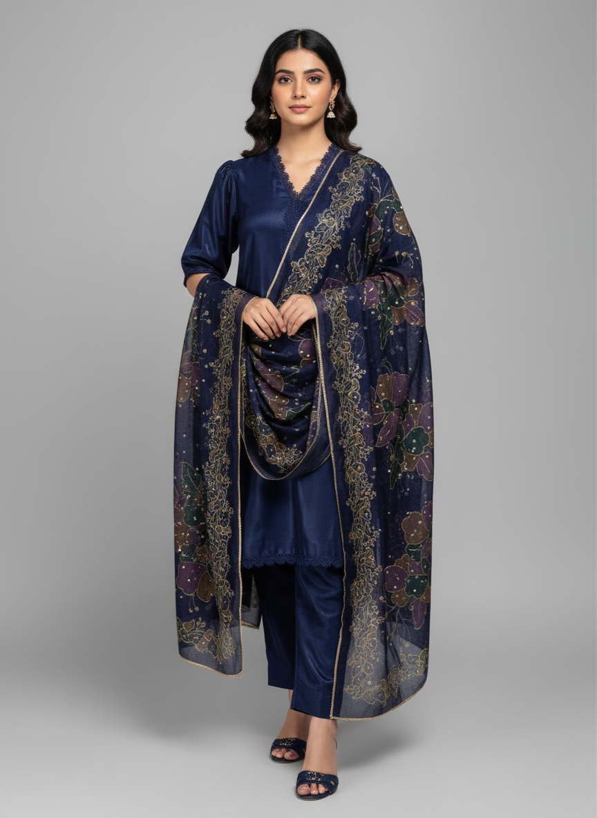 3 pc katan silk plain dress with hand-painted dupatta
