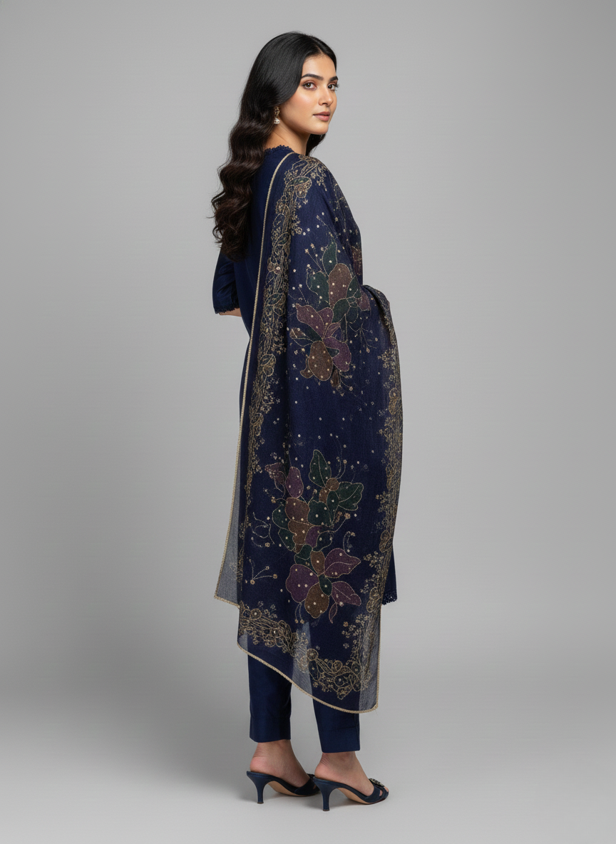 3 pc katan silk plain dress with hand-painted dupatta