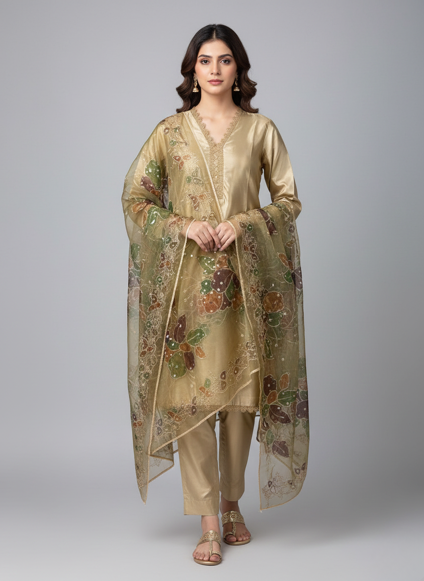 3 pc katan silk plain dress with hand-painted dupatta