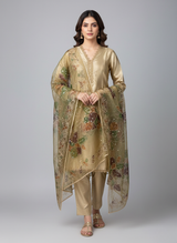 3 pc katan silk plain dress with hand-painted dupatta