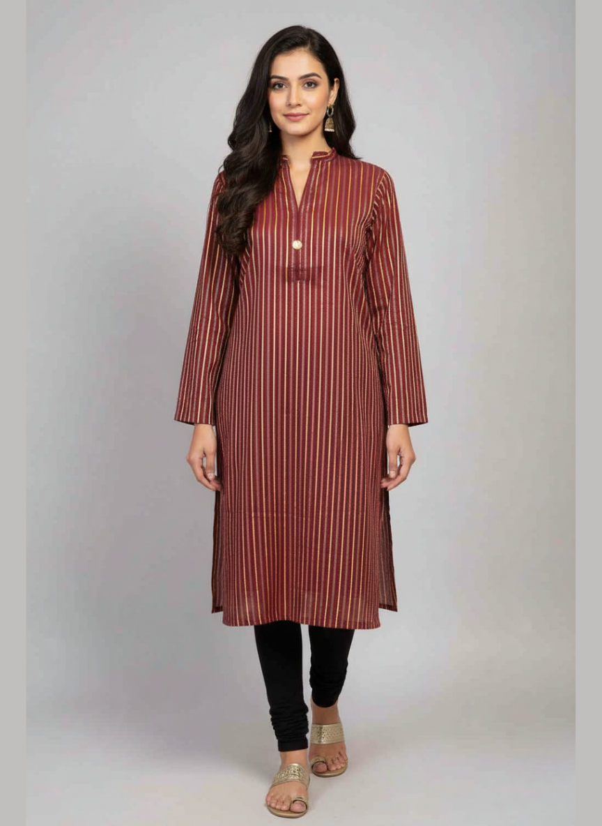 Women Striped Pure Cotton Straight Kurta (Maroon)