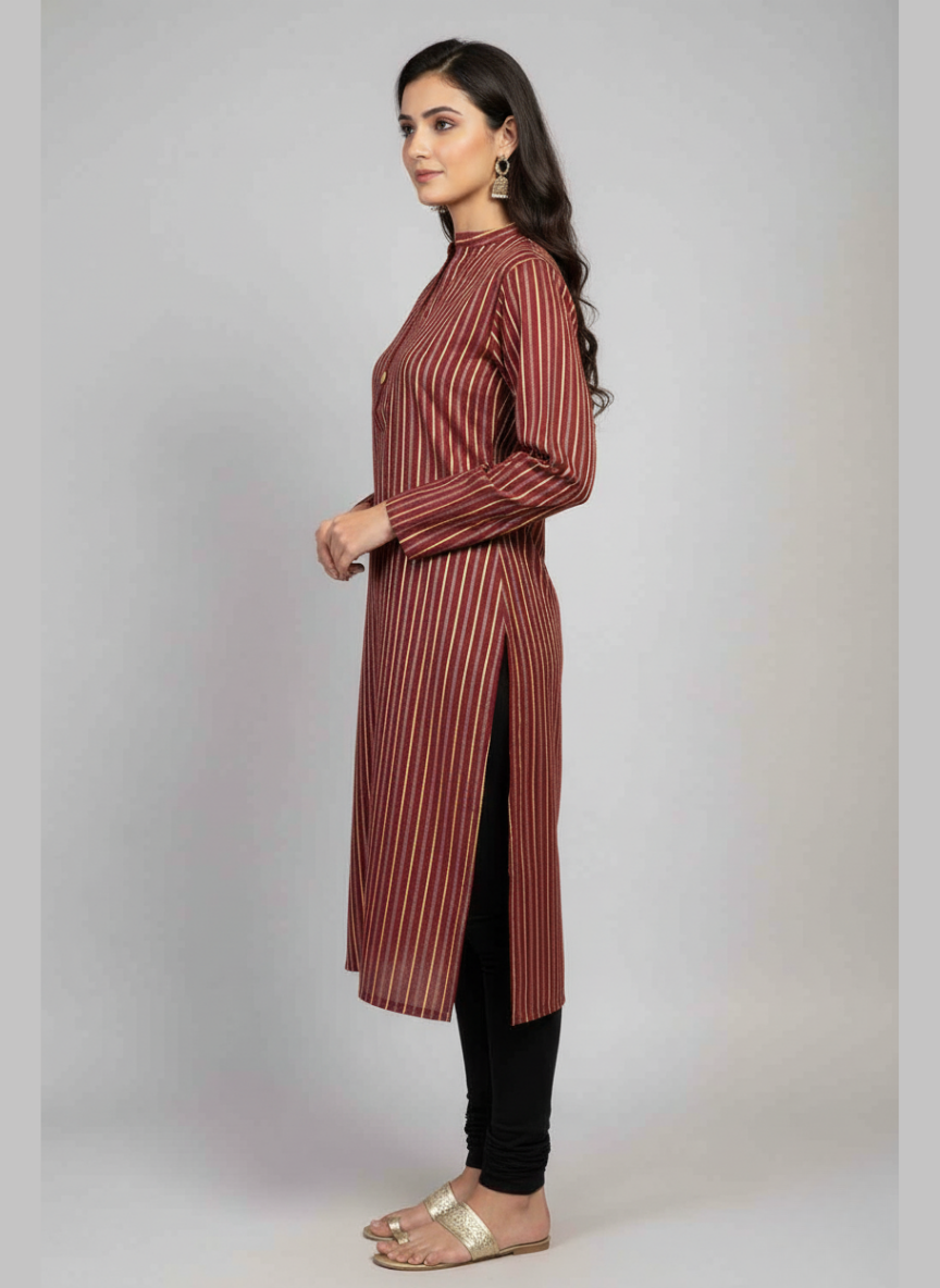 Women Striped Pure Cotton Straight Kurta (Maroon)