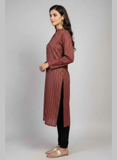Women Striped Pure Cotton Straight Kurta (Maroon)