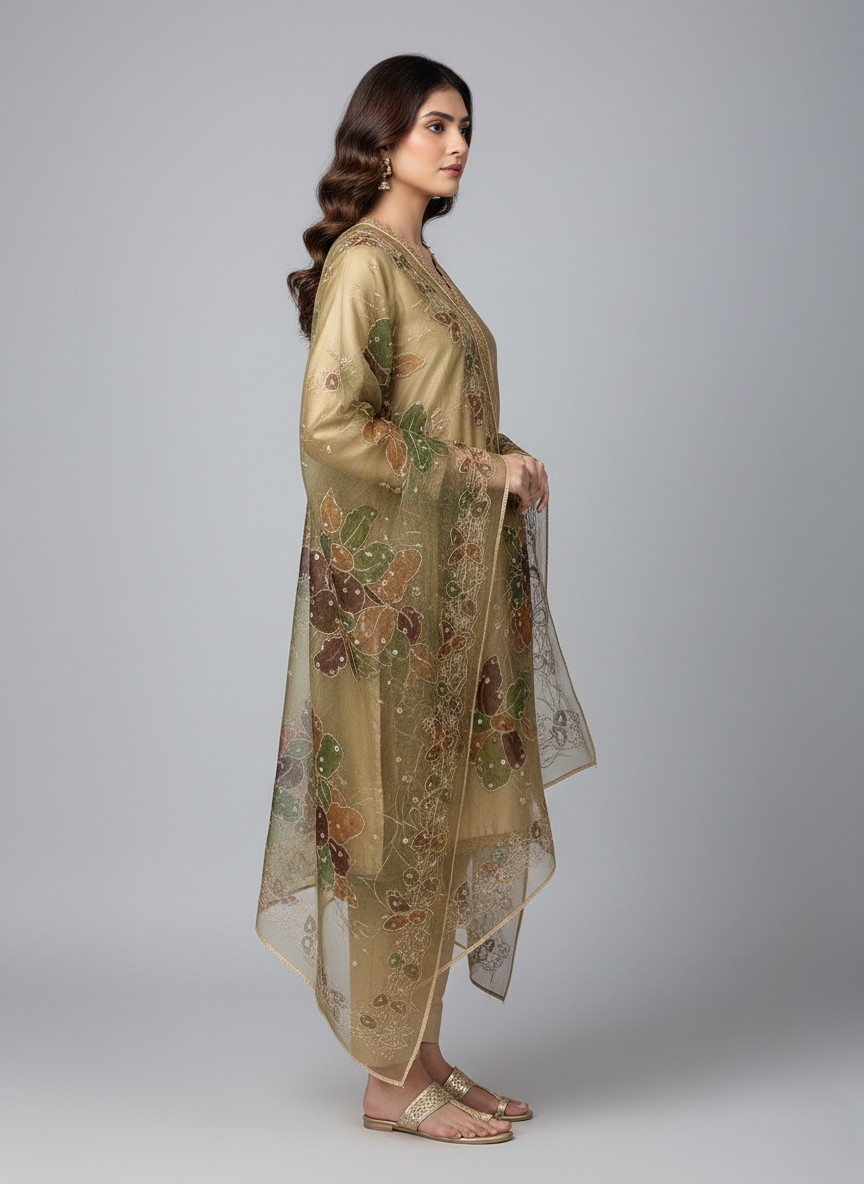 3 pc katan silk plain dress with hand-painted dupatta