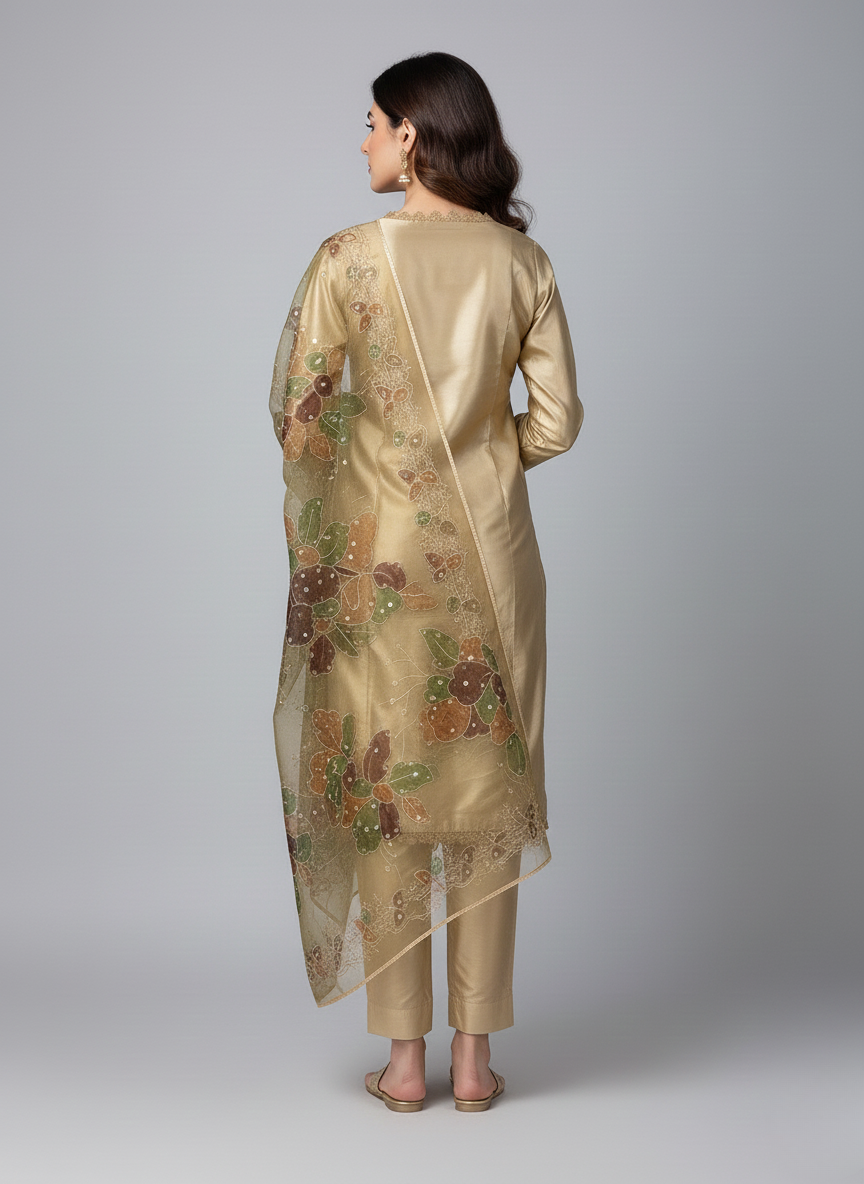 3 pc katan silk plain dress with hand-painted dupatta