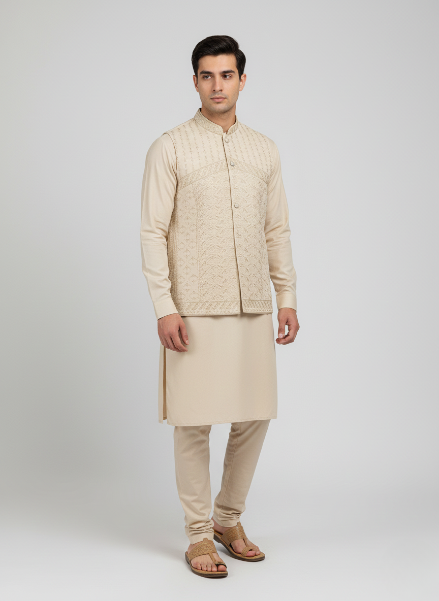 3 pc wash and wear Qameez Shalwar with Waistcoat.