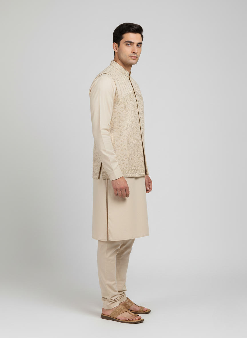 3 pc wash and wear Qameez Shalwar with Waistcoat.