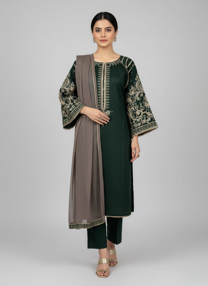 3PC Embroidered Khadi Shirt With Refined Embroidery