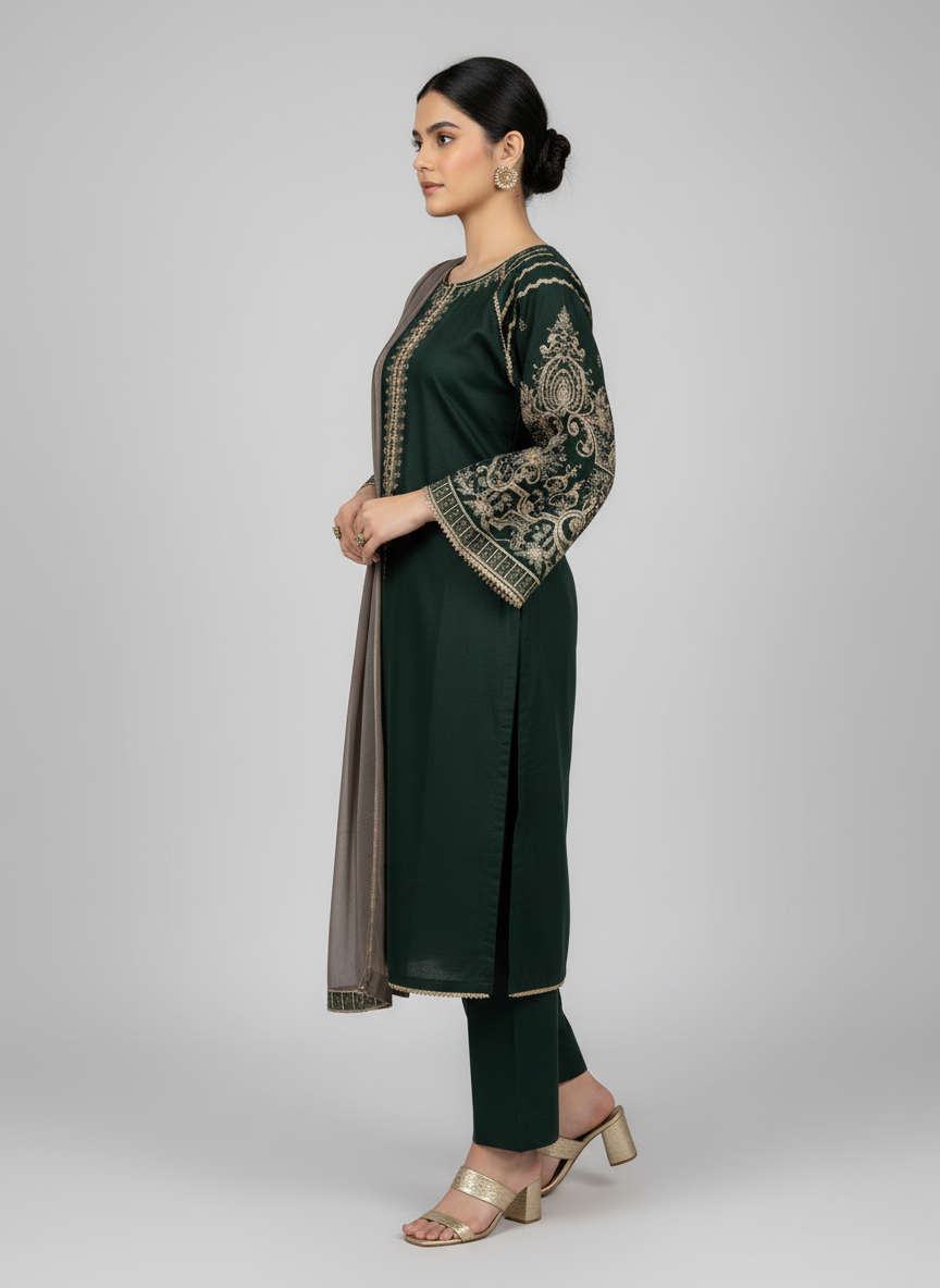 3PC Embroidered Khadi Shirt With Refined Embroidery