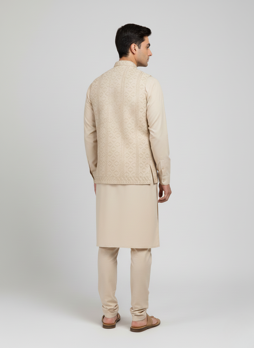 3 pc wash and wear Qameez Shalwar with Waistcoat.