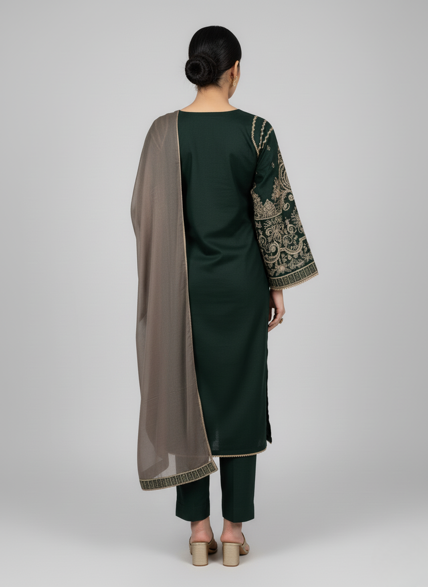 3PC Embroidered Khadi Shirt With Refined Embroidery