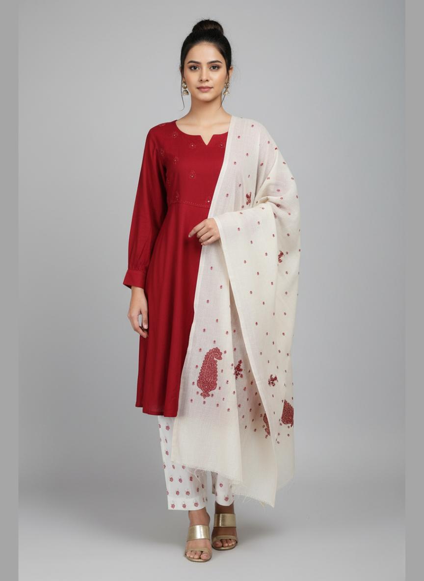 3 Pcs Maroon Elegance Ensemble With Wool Shawl