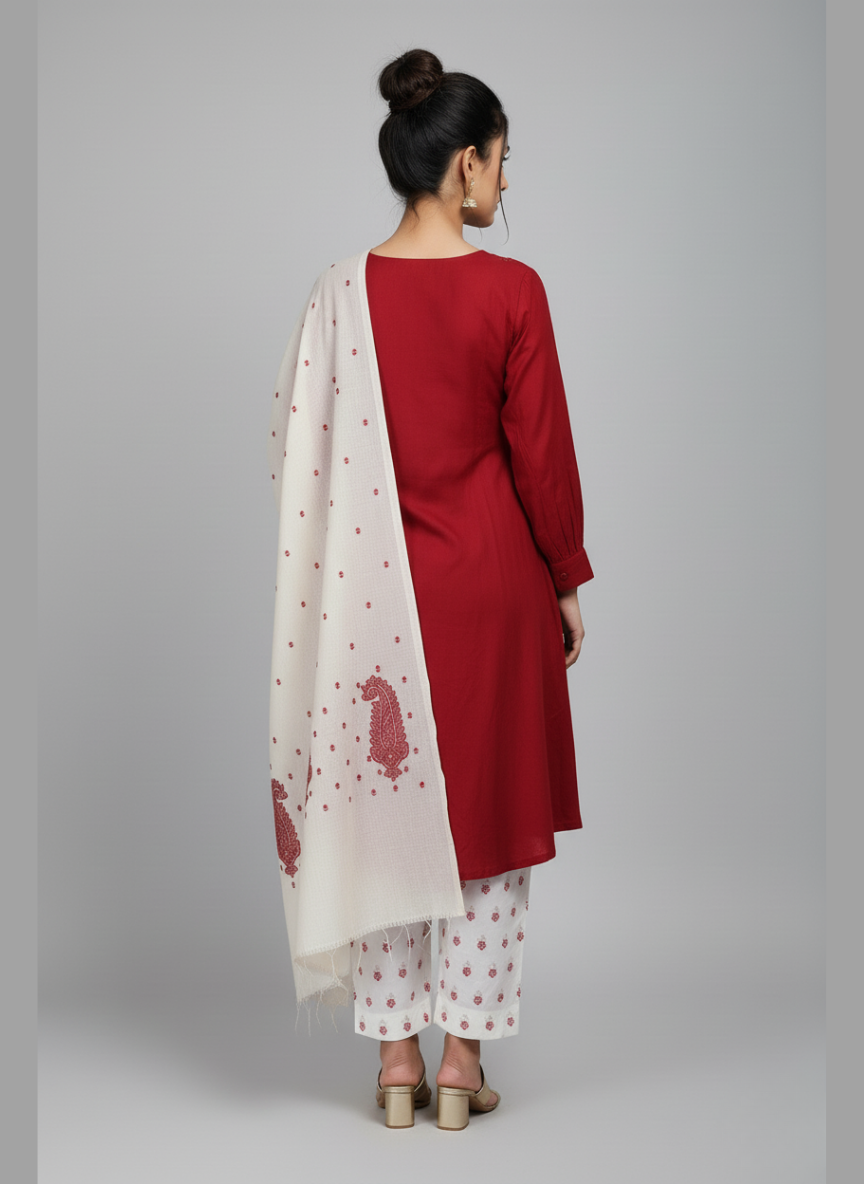 3 Pcs Maroon Elegance Ensemble With Wool Shawl