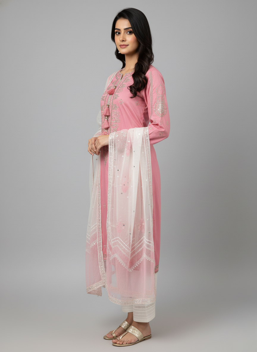 3Pc Embroidered Cotton Satin suit Pakistani Party Wear