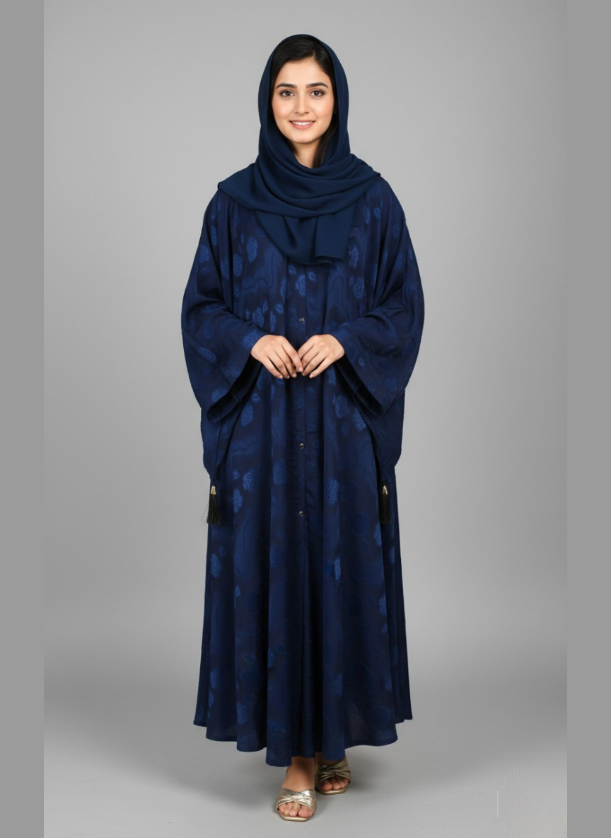 Beautiful Self Floral Abaya with Hijab Cap stitched with Scarf