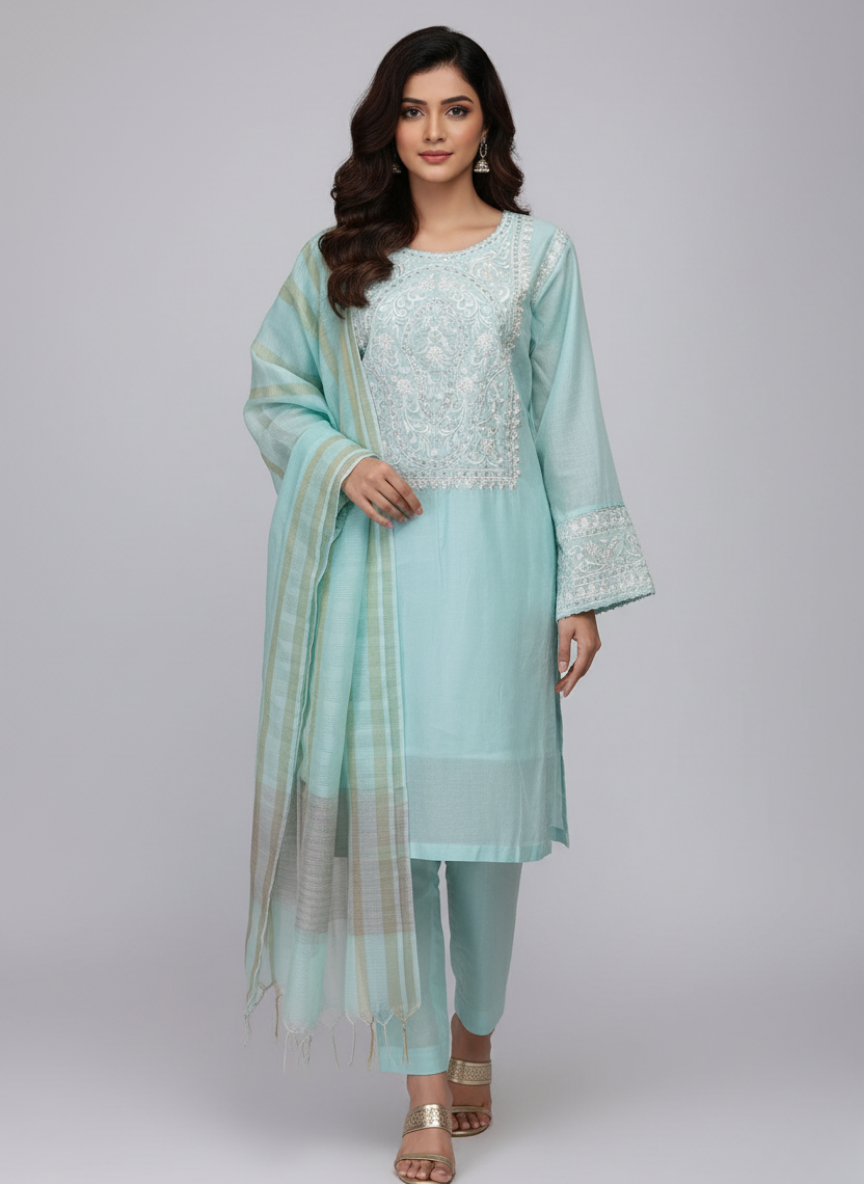 3 pc Embroidery Dress Shirt, Dupatta and Trouser in Chiffon
