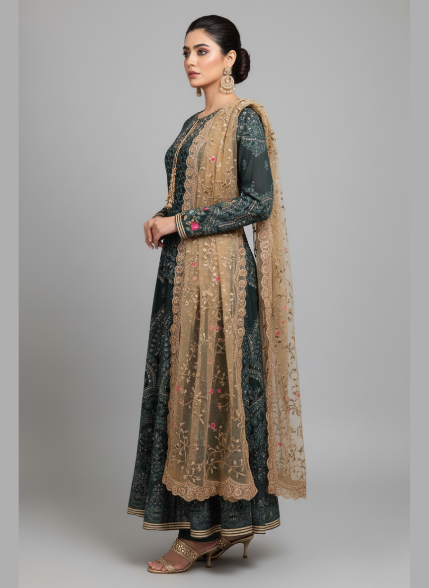 3pc Pakistani wedding dress Chiffon Maxi with Elegant Stone and Sequence work