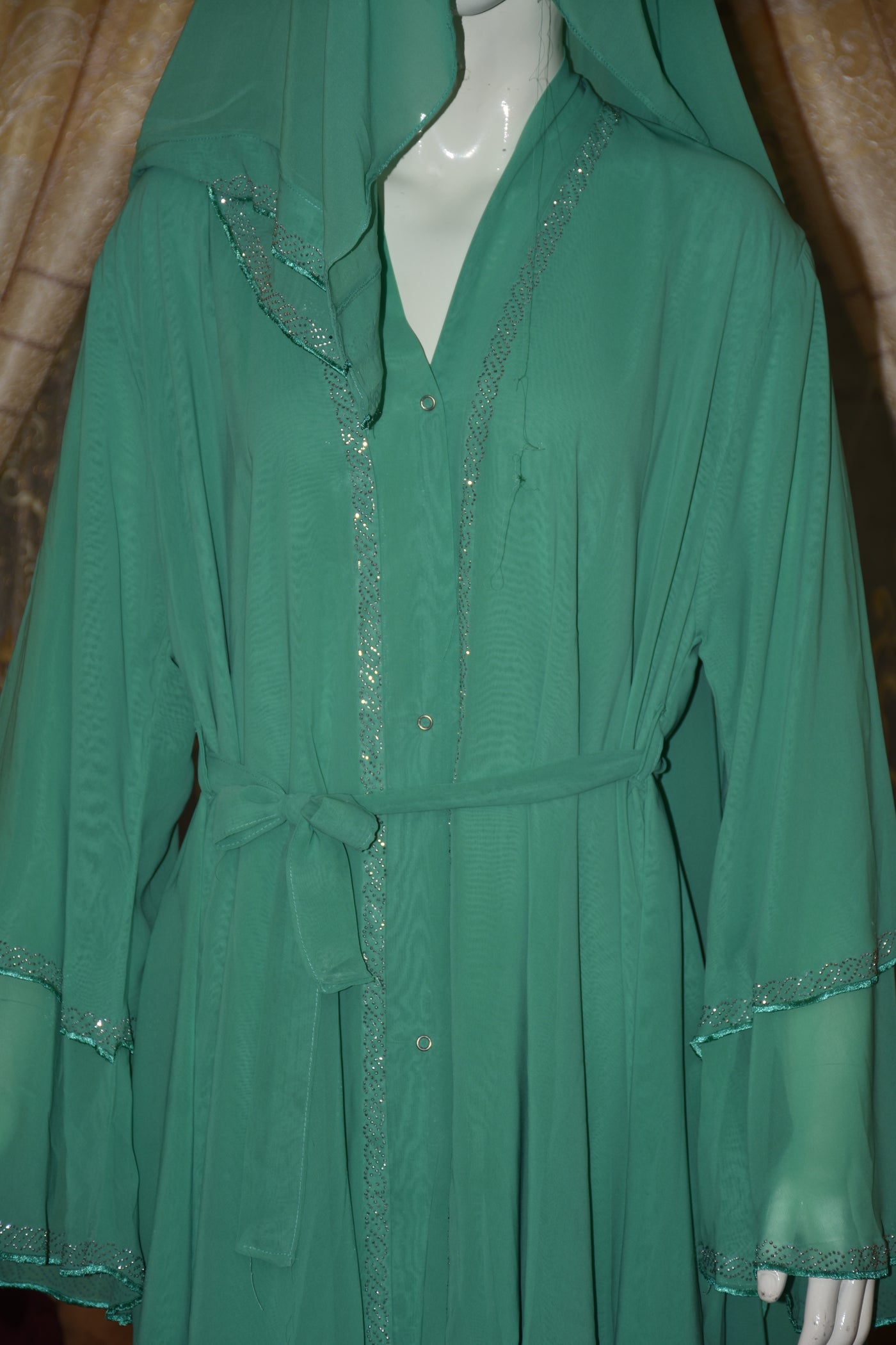 Three layered chiffon Abaya with Silver stone work