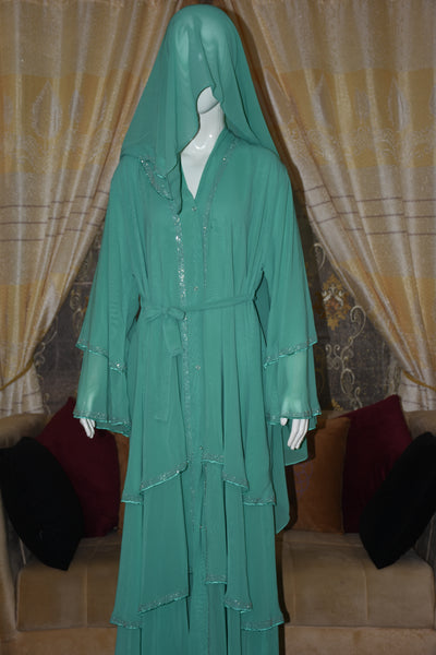 Three layered chiffon Abaya with Silver stone work