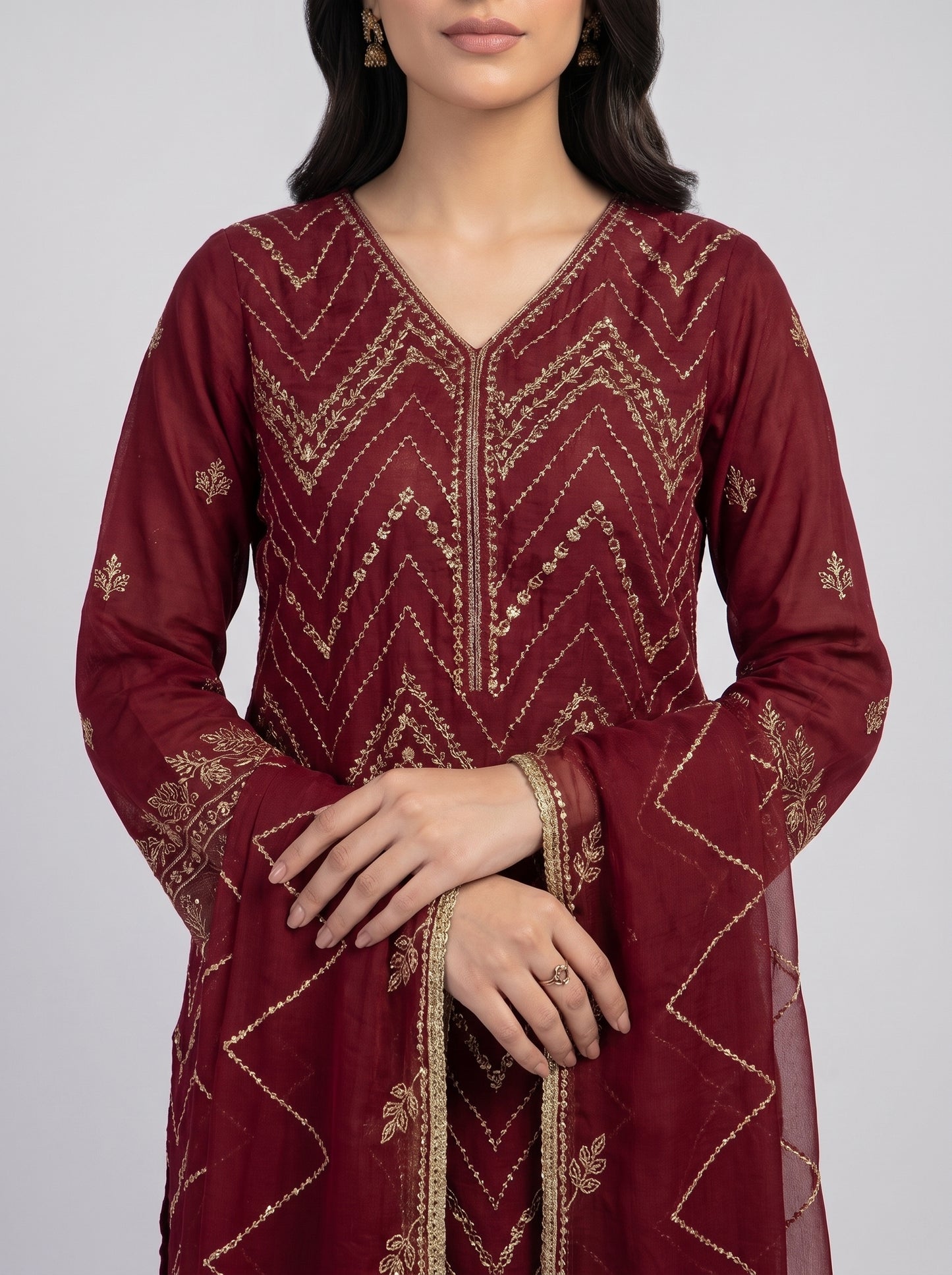 Embroidered Chiffon Suit Maroon