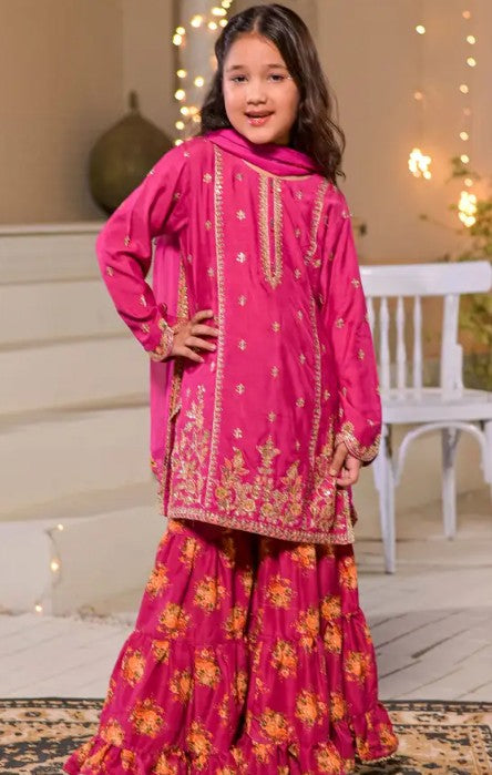 Kids 3 Piece Luxury Raw Silk Embroidered Gharara Set – Fuchsia Pink