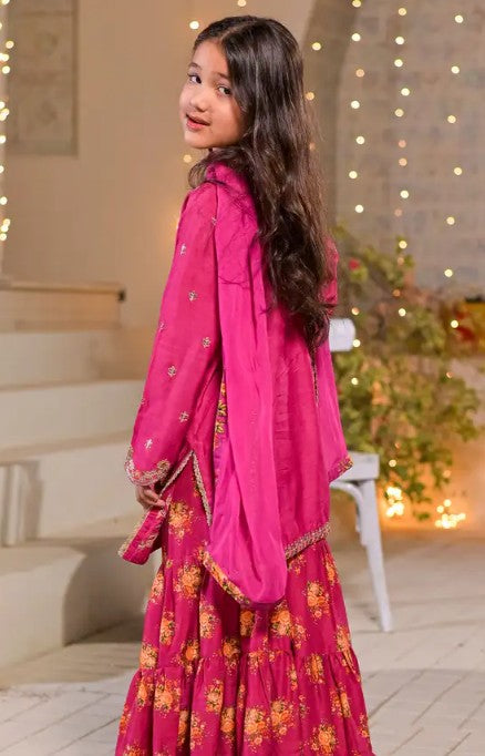 Kids 3 Piece Luxury Raw Silk Embroidered Gharara Set – Fuchsia Pink