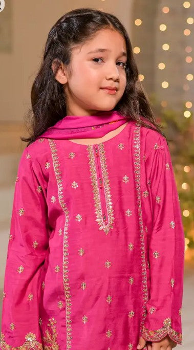 Kids 3 Piece Luxury Raw Silk Embroidered Gharara Set – Fuchsia Pink