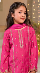 Kids 3 Piece Luxury Raw Silk Embroidered Gharara Set – Fuchsia Pink