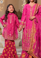 Kids 3 Piece Luxury Raw Silk Embroidered Gharara Set – Fuchsia Pink