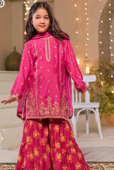 Kids 3 Piece Luxury Raw Silk Embroidered Gharara Set – Fuchsia Pink
