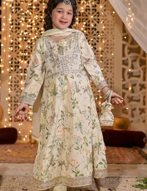Kids 3 Piece Luxury Printed Raw Silk Embroidered Frock – Butter Lime