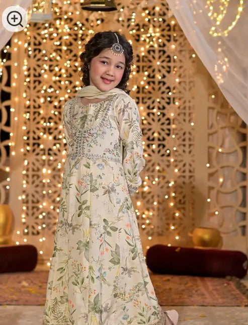 Kids 3 Piece Luxury Printed Raw Silk Embroidered Frock – Butter Lime