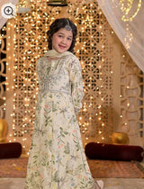 Kids 3 Piece Luxury Printed Raw Silk Embroidered Frock – Butter Lime