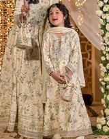 Kids 3 Piece Luxury Printed Raw Silk Embroidered Frock – Butter Lime