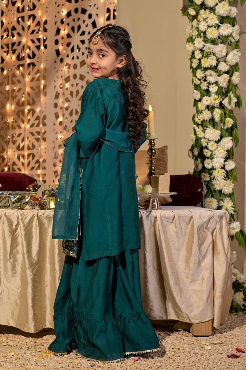 Kids 3 Piece Embroidered Viscose Gharara Suit – Zinc